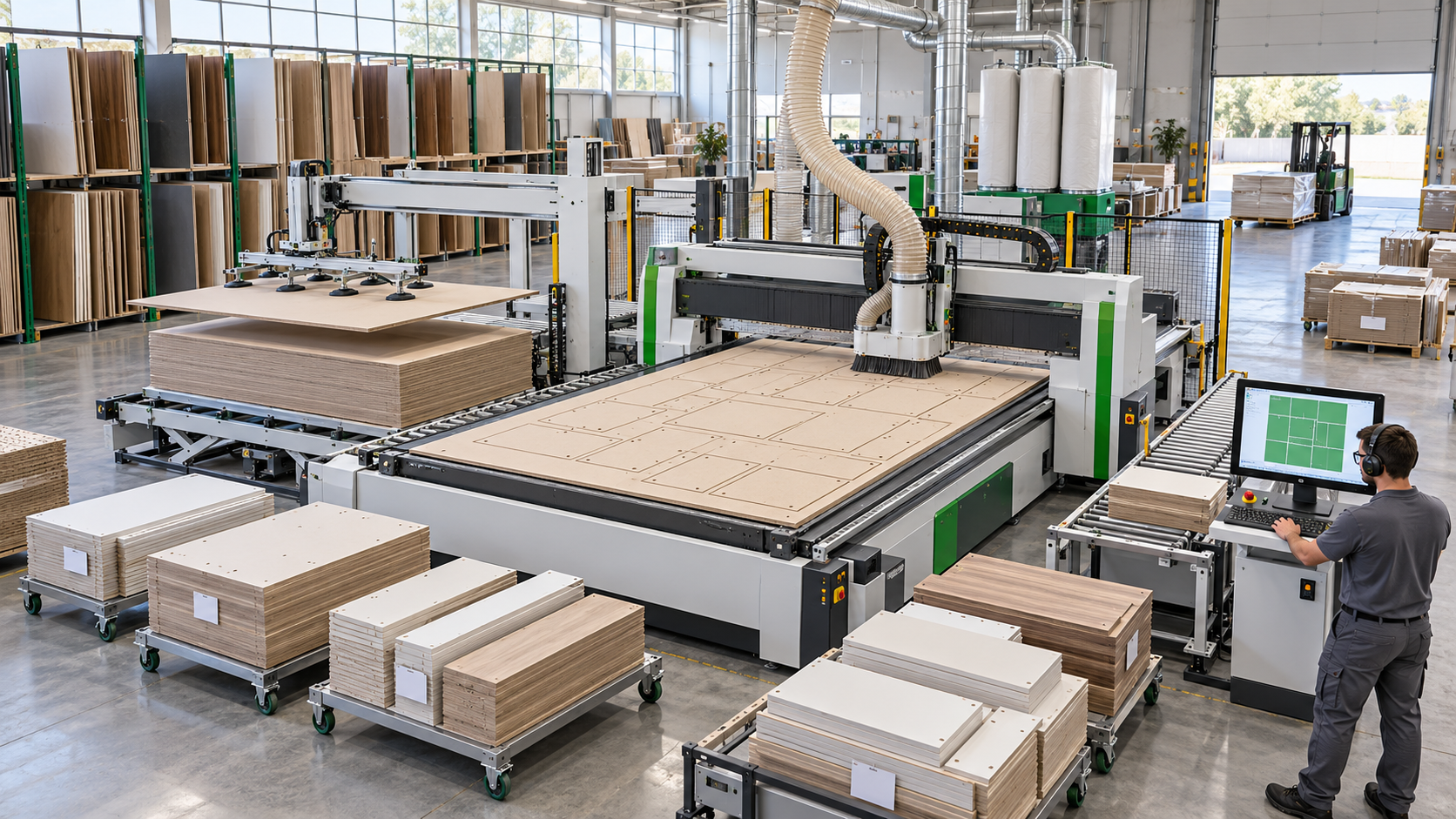 Central de corte com router CNC, estoque de chapas e peças cortadas separadas por pedido